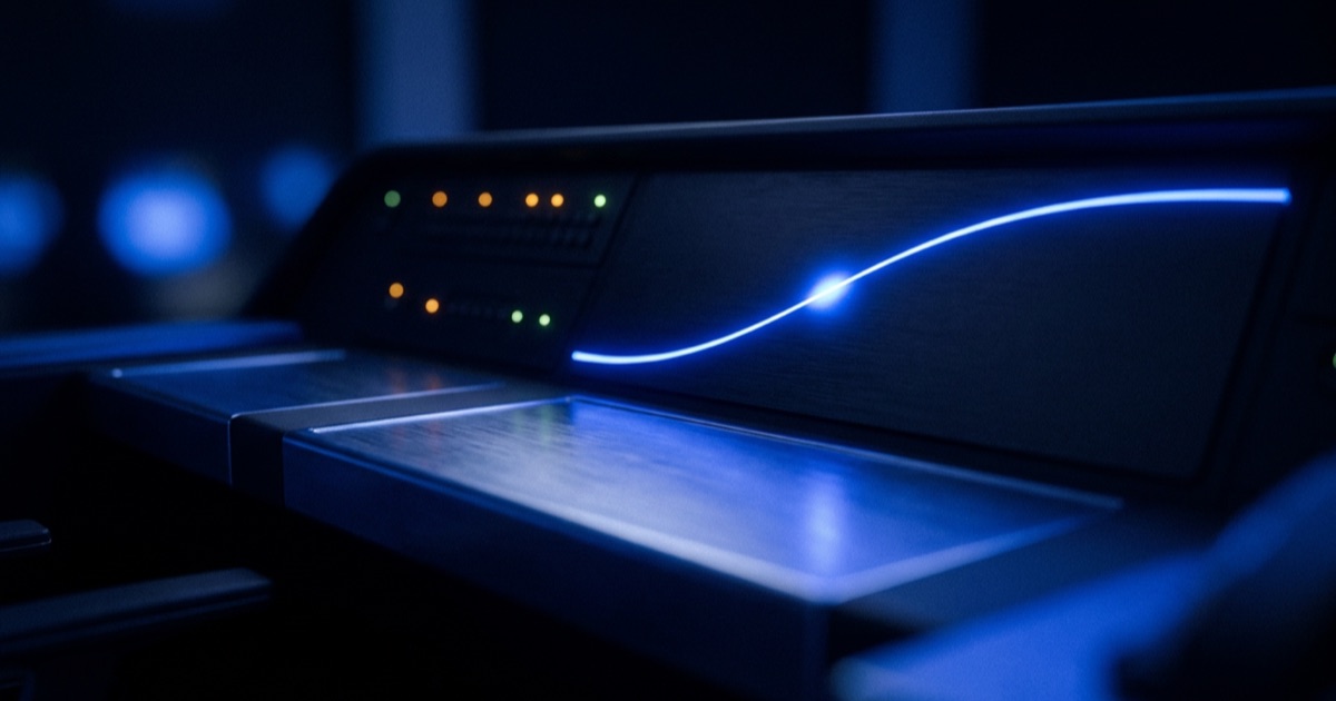 A single controlled glowing blue curve rising across a dark dashboard