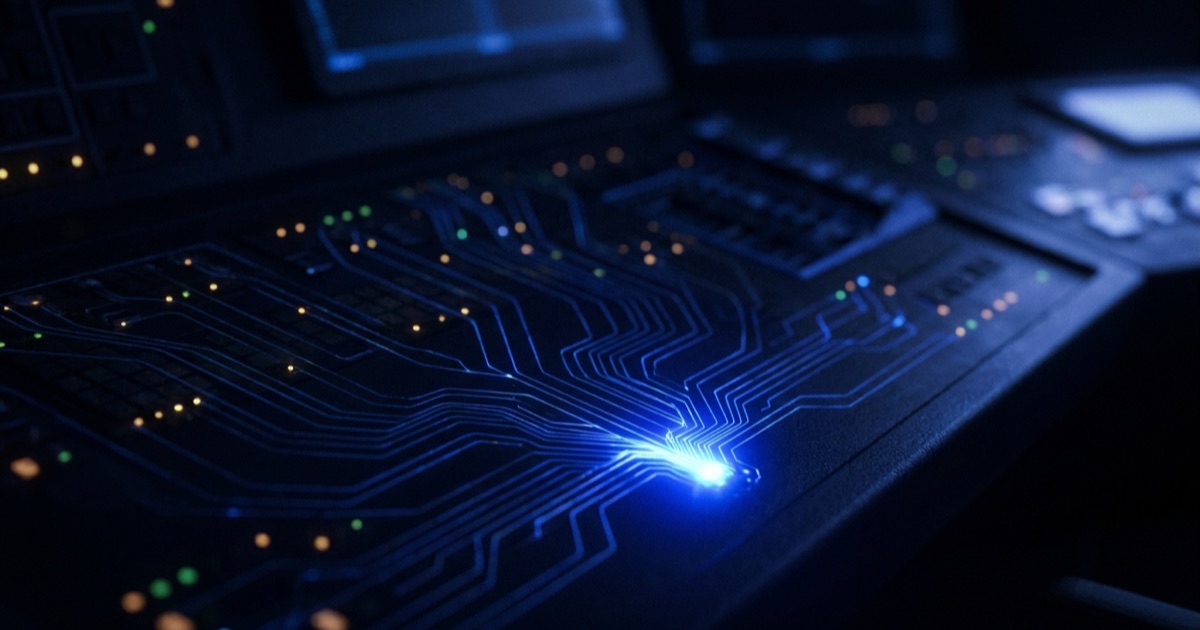 Scattered data signals converging into a single point of blue light
