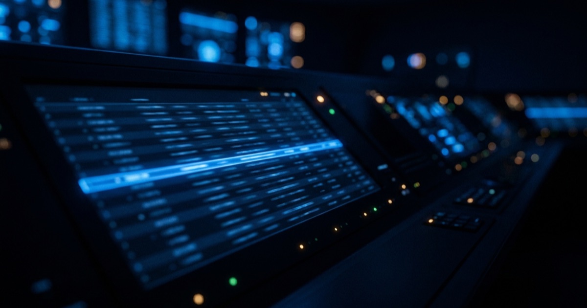 Rows of faint data on a dark screen with one row pulled into sharp blue focus
