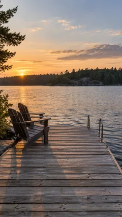 Dockside at sunset: two chairs on a cedar dock, calm lake, low wooded shoreline. Generated sample photograph.